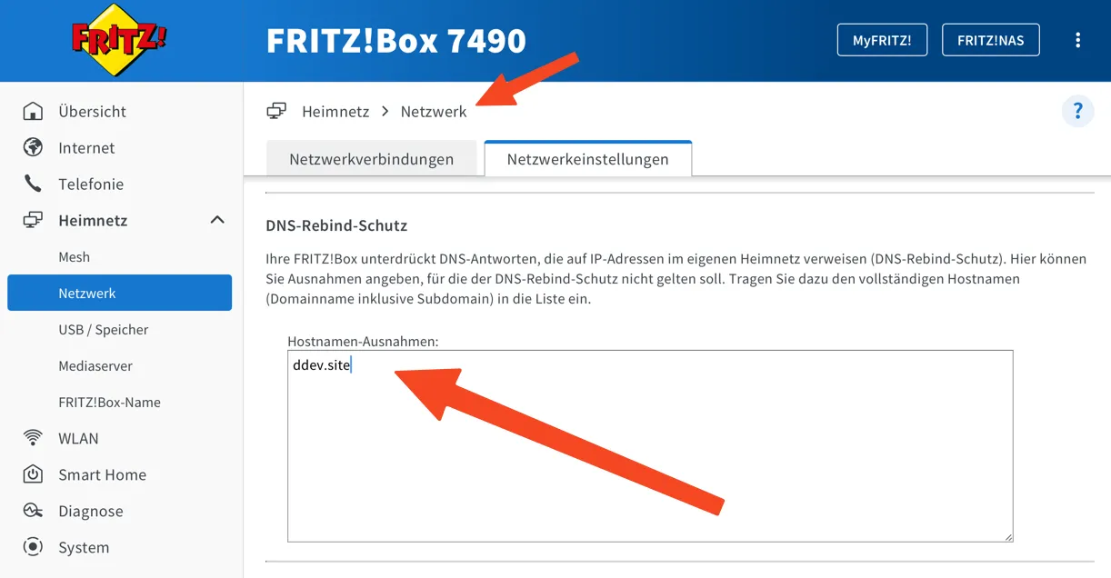 Fritz!Box DNS Rebinding Protection Settings with callouts showing where to add exceptions